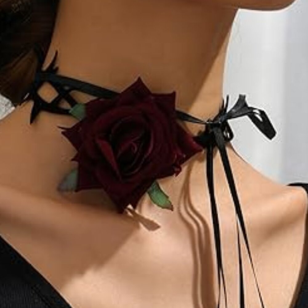 Choker Necklace Adjustable Layered Velvet Leather Lace Collar Necklace Rose